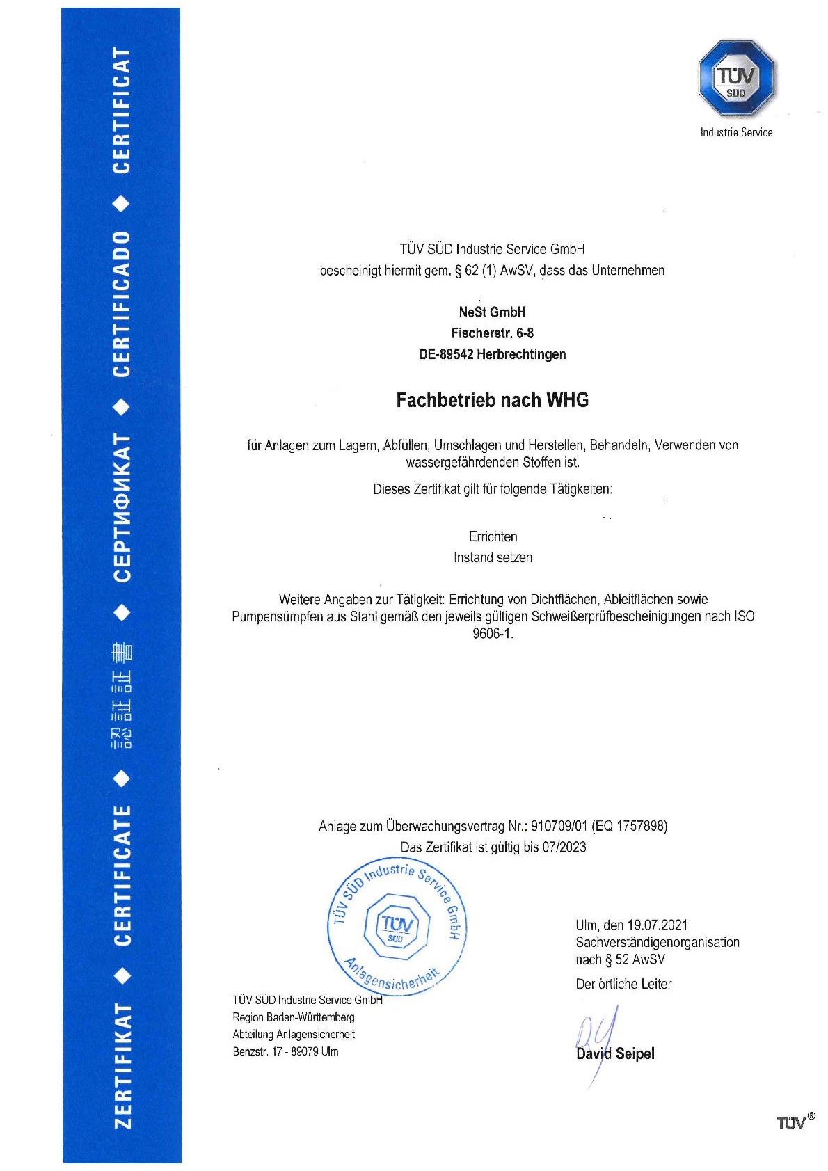 TÜV Süd Bescheinigung zum Fachbetrieb nach WHG
